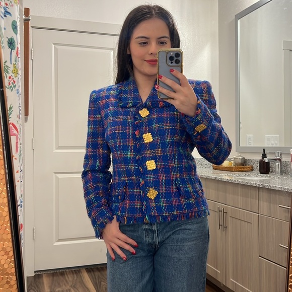 Vintage Maggy London Blue Plaid Tweed Blazer Jacket - Picture 2 of 11